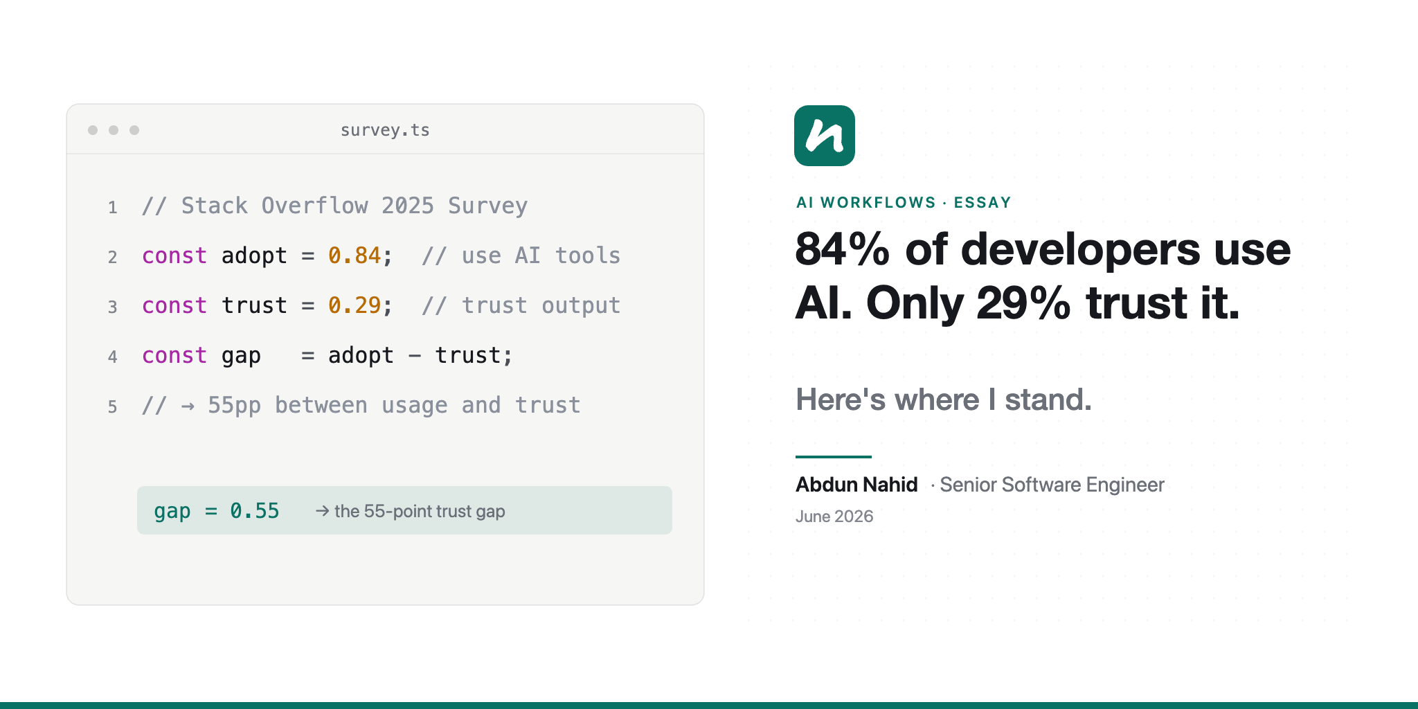 Code editor panel and brand identity split - blog cover for AI trust gap article